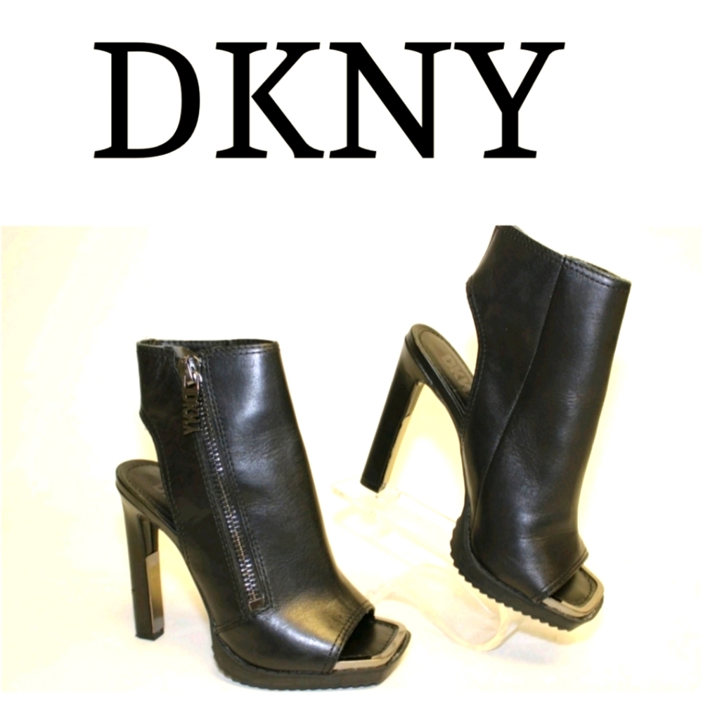 DKNY Womens 5.5 M 35.5 B Black Leather Peep Toe High Heel Booties